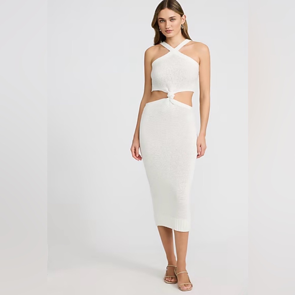 Elegant White Knit Cutout Light Sweater Dress NWT